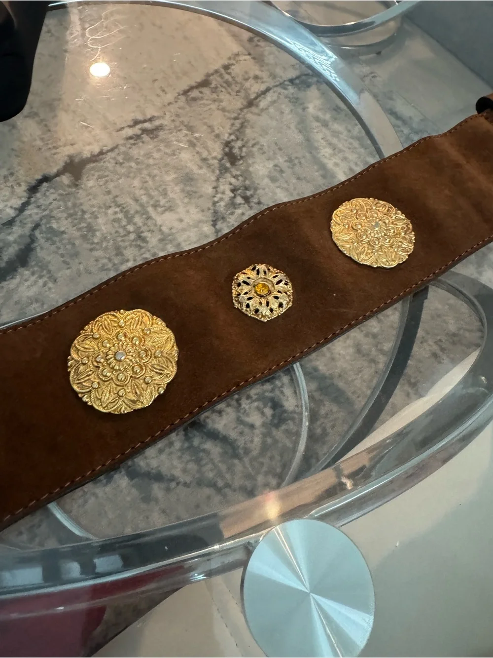 Cute express brown Suede Belt with Gold Medallion Accents